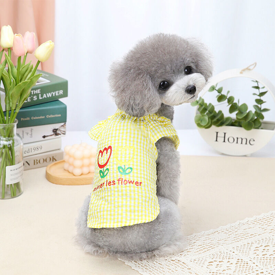 Summer new Bichon flying sleeve bubble check casual style pet clothing teddy poodle dog clothes m (chest 37', neck 26', back 25' suitable for weight