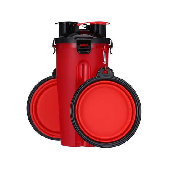 Muff - Portable Pet Water Bottle and Food Container for Travel 2-in-1 Chamber Bottle with 2 Collapsible Bowls (Red)