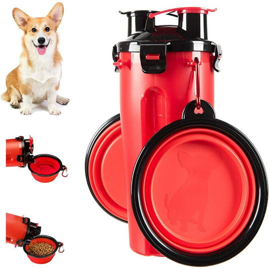 Deckon - Pet Water Bottle 2 in 1 Water Bottle Container and Dog Food Portable Travel Feeder Lined Chamber Bottle with 2 Collapsible Bowls (Red)
