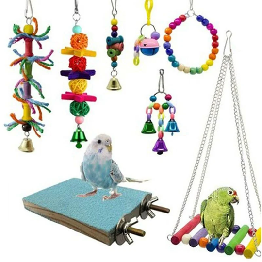 8pcs Bird Parrot Toys, Natural Wood Bird Swing Climbing Standing, Thsinde