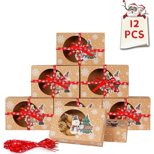 Ilovemilan - 12pcs Christmas Cookie Gift Boxes Treat Boxes for Holiday Gift Giving and Christmas Party Supplies, Christmas Kraft Paper Food Bakery