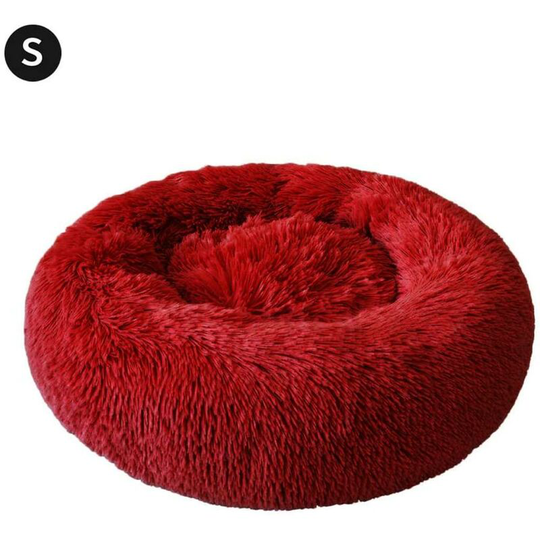 50cm Round Dog and Cat Basket Soft and Comfortable Plush Donut Cat Warm Fluffy Puppy Bed for Winter Sleeping - wine red - vin rouge