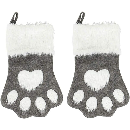 Ilovemilan - Dog Cat Paw Christmas Stockings, Plush & Plaid Hanging Socks for Holiday and Christmas Decorations (Large, 2-Pack/Grey)