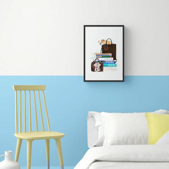 'Lv Bag, Books And Puppy' Framed Advertisement Prints on Wood