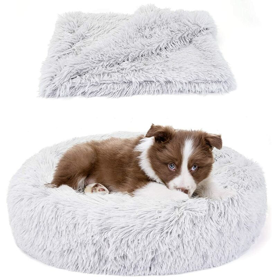 Bundle Savings - The Original Calming Shag Donut Cuddler Dog Bed in Small 24"x 24" and Pet Throw Blanket in 28"x 36", Lignt grey