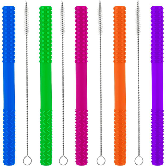 Briday - 5 Pcs 6.9' Molar Teether Stick Toys, Soft Silicone Hollow Teething Tubes Chew Biting Straw Toy with 5pcs Cleaning Brushes for 0-6 / 6-12