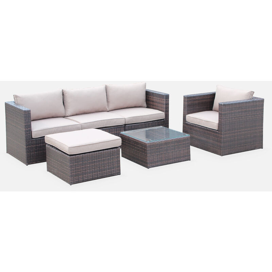 5-seater rattan garden furniture sofa set table, brown weave wicker, chocolate cushions. Aluminium frame. Ready assembled - Brown