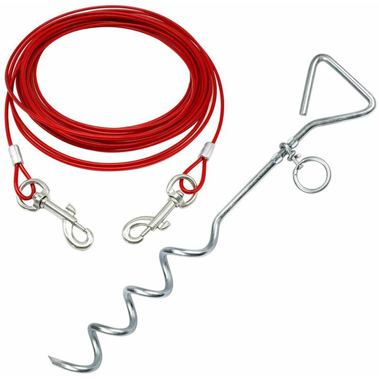 Pet Dog Puppy Outdoor Tie Out Lead Leash Extension Wire Cable Metal Stake Anchor - Red - Small