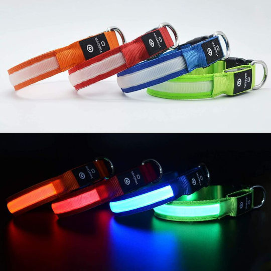 4 pcs Rechargeable Waterproof Light Up Dog Collar, led Flashing Safety Collar with Adjustable Belt for Small/Medium/Large Dogs (Orange, Red, Blue,