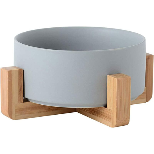 Ceramic Round Cat Dog Bowl,Durable Non-Slip Ceramic Pet Bowls with Wooden Frame (Grey)