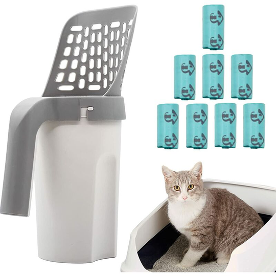 Cat dust shovel with removable deep garbage shovel, cat dust screen with support, large capacity portable garbage bin with 8 rolls of garbage bags