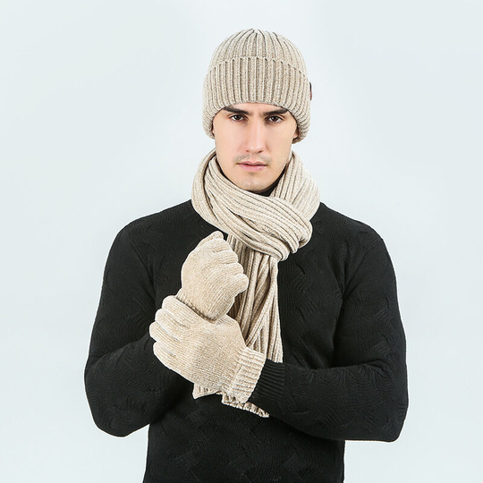 Warm scarf hat gloves three piece set of solid rib knitting wool hat scarf cover (beige)