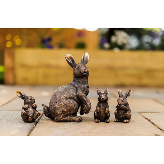 Garden Mile - 4x Rabbit Garden Ornaments Bunny Family Bronze Effect Resin Outdoor Indoor