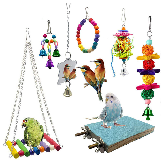 Set of 7 bird toys - Parrot toy - Climbing rope - Toy for small parrots, macaws, conures, cockatiels, parakeets and lovebirds