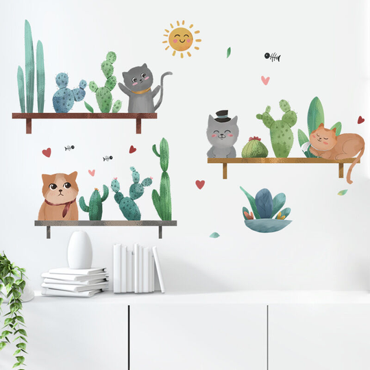 Sun Flowergb - Cactus and kitten combination wall stickers on the idyllic little shelf in the sun fresh home decoration,Green Cactus Wall Stickers