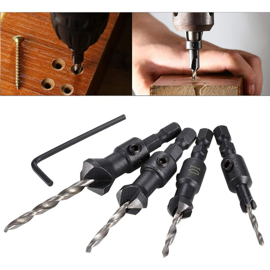 4pcs Countersink Drill Bit Set(2.55mm Hex Shank) with 1pcs L-Shaped hex Wrench,Carpentry Countersink Drill Bit #6,#10,#13,#16