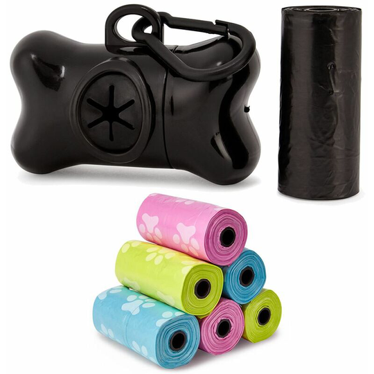 Dog Pet Puppy Poo Poop Waste Toilet Strong Large Bags Roll Dispenser - Black - 6x Rolls - Bunty