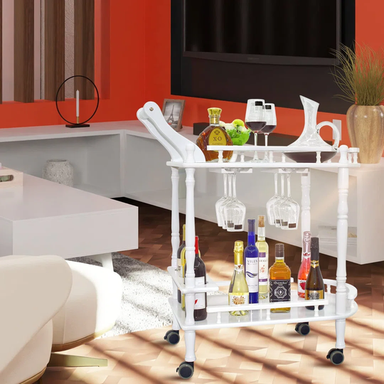 Bar Cart,Wood 2-Tier Bar Carts For The Home With Wine Rack Guardrail And Armrest,Manual Carving Vintage Style,Bar Serving Cart On Wheels With Brake Fu
