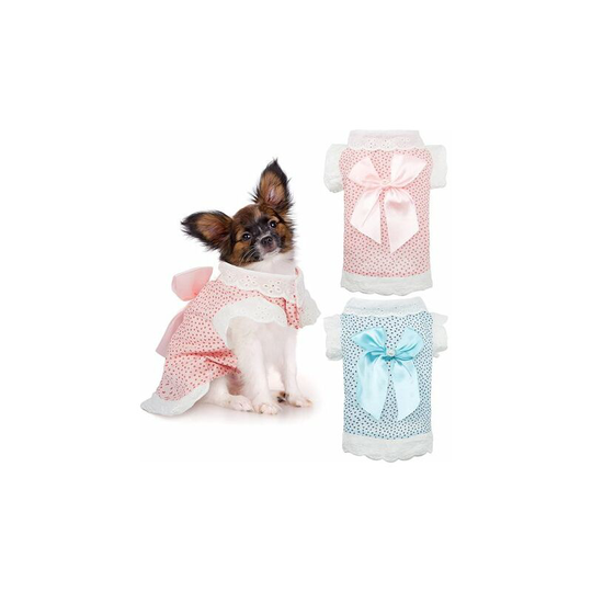 2 Pieces Dog Bowknot Floral Dress Cute Dog Sundress Elegant Dog Princess Dress Ribbon Dog Dress Puppy Summer Pink and Blue