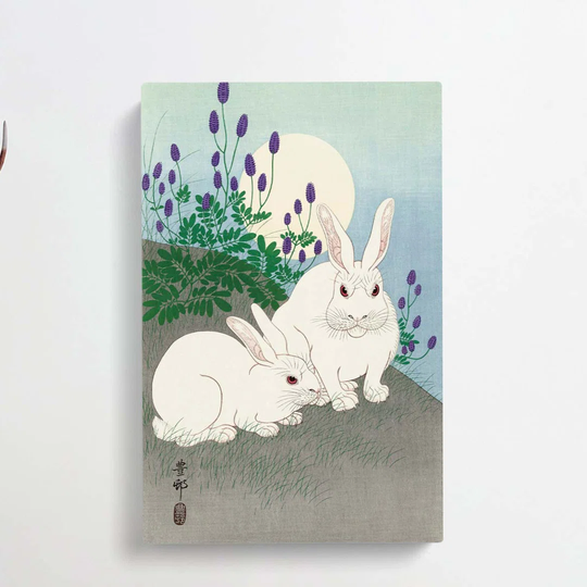 Rabbits at Full Moon by Ohara Koson - Wrapped Canvas Painting Print