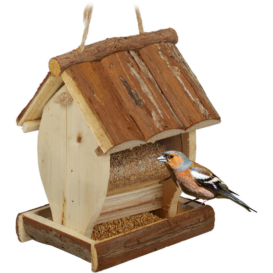 Relaxdays - Bird Feeder, Feeding Station, Hang or Place on Surface, h x w x d: 20 x 15.5 x 13 cm, Wood, Natural