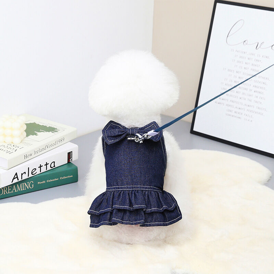 Spring and summer pet clothes large bow tie denim set can hang leash Pomeranian dogs without leash m (chest 37', neck 26', back 25' suitable for