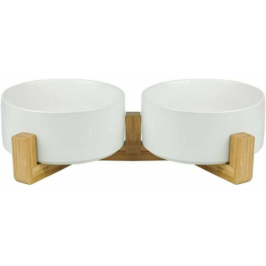 Bearsu - White Pet Dog and Cat Bowls Ceramic Dog Cat Bowls Bamboo Stand - Dishwasher Safe and Easy to Clean (2 Bowl)