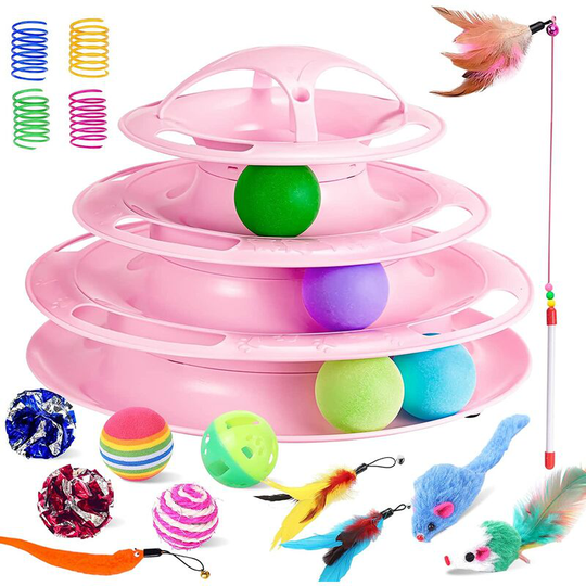 Indoor Cat Toy Cat Kitten Interactive Toy 4-Tier Tower Rolling Track Cat Teaser Ball Toy with 4 Colorful Balls (Pink)