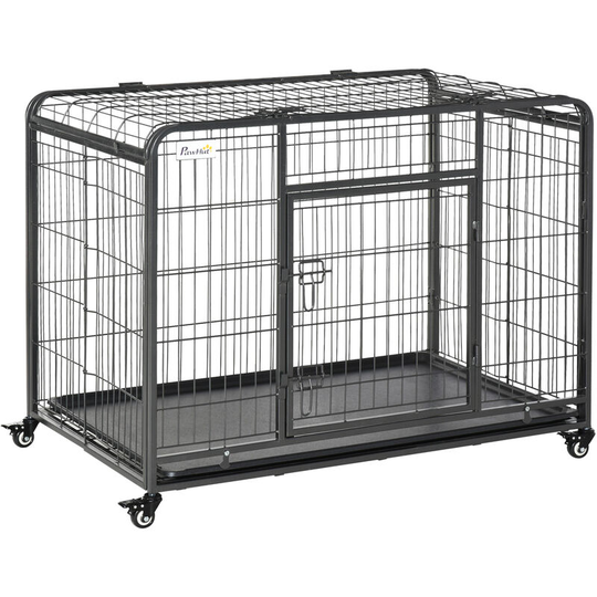 78x109cm Metal Dog Cage Kennel w/ Locking Door & Wheels Large Pets - Dark grey - Pawhut