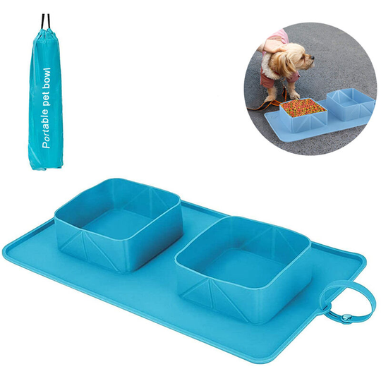 Pet Silicone Bowl Dog and Dog Folding Double Bowl Outdoor Portable cat and Dog Folding placemat Feeding and Drinking Two in one, blue