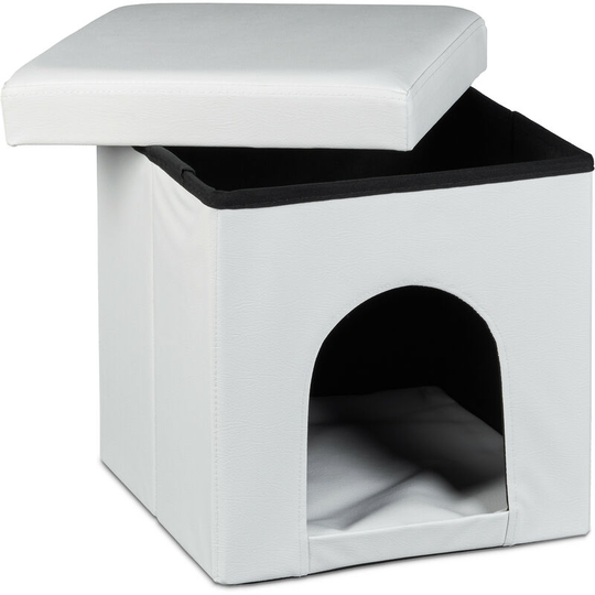 Dog House Ottoman, 38 x 38 x 38 cm, Seat Box with Practical Hole for Pets, Faux Leather, Removable Lid, White