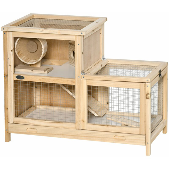 PawHut Two-Tier Wooden Hamster Cage w/ Seesaw, Sliding Tray, Exercise Wheel - Natural wood finish