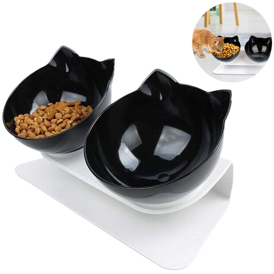 Elevated Double Plastic Bowl,Pet Feeding Bowl,Raised The Bottom for Cats and Small Dogs ,Cute Cat Face Double Bowl, black