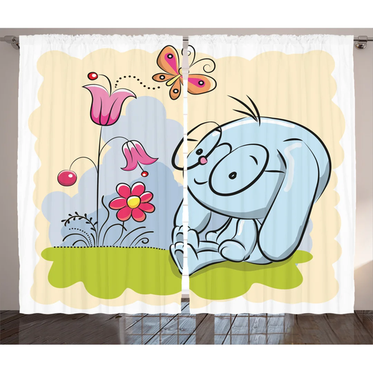 Clever Rabbit Enjoying the Nature with Butterflies Tulips Daisies 2 Piece Room Darkening Curtain Set