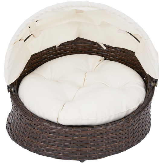 Teamson Pets - Clotho Indoor Outdoor Rattan Cat or Small Dog Bed Lounger with Retractable Canopy & Removeable Washable Cushion Brown/Cream