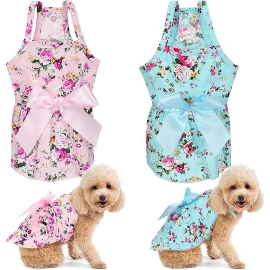 2 Pieces Dog Dress Girl Bowknot Floral Dress Cute Rosette Dog Sundress Dog Princess Dresses for Small Pet Puppy Dogs and Cats (Flower Pattern,M)