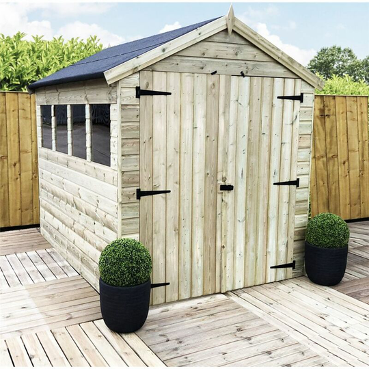 8 x 6 Premier Pressure Treated Tongue And Groove Apex Shed With Higher Eaves And Ridge Height 4 Windows + Double Doors + Safety Toughened Glass