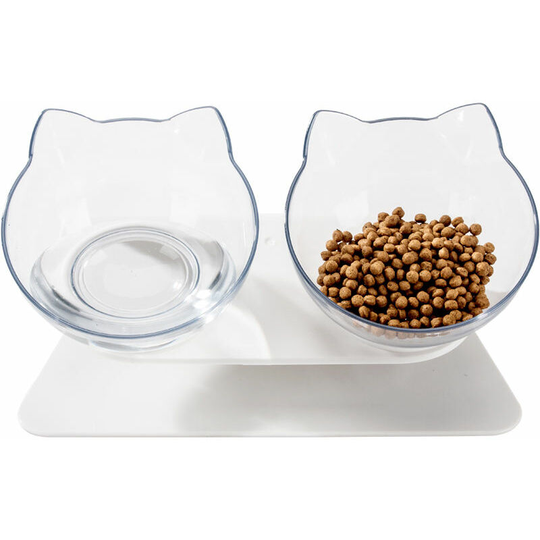 Cat Bowl, Transparent, Adjustable Double Bowl, with Raised Support, Water and Food, Prevent Neck Injury (Transparent)