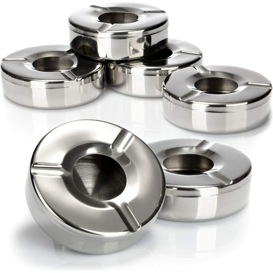 Sun Flowergb - 6X Stainless Steel Ashtray - Wind Ashtray with Removable Lid to Prevent Fly Ash - ø 10 cm (6 Pieces - Stainless Steel)