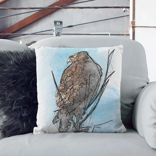 Hawk Perched in a Tree in Abstract Cushion with Filling