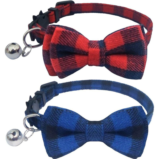 Cleaning Gravels Set of 2 Escaped Cat Collars with Cute Bow Tie and Bell for Kitten and Some Puppies, Adjustable 7.8-10.5 Inches (Red+Blue)