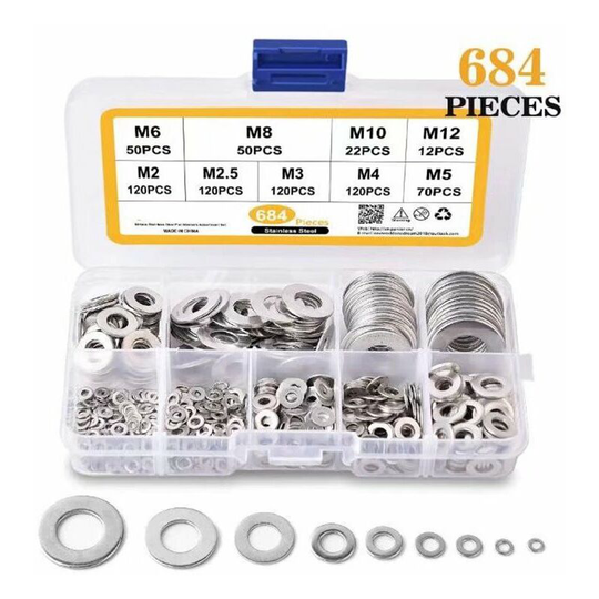 Litzee - 648PCS Flat Washers 304 Stainless Steel Assortment,M3 M4 M5 M6 M8 M10 M12 Flat Washer for Screw Sealing Rings-Delivered with Box (Grey)