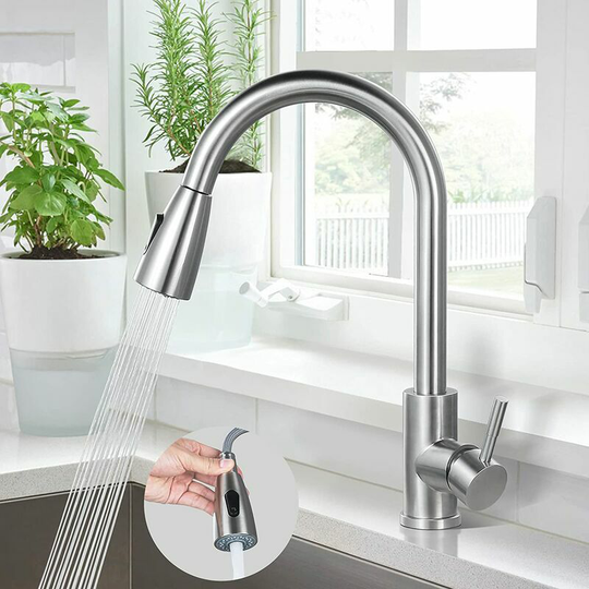 Kitchen Faucet, 304 Stainless Steel Sink Faucet, 360° Swivel Sink Faucet with Pull Out Spray, 2-Spray Kitchen Faucet, Brass Nut, Brushed Lead Free