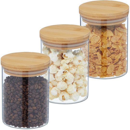Relaxdays - Storage Jars in Set of Three, 650ml Each, Bamboo Airtight Lids, Dry Food Storage, Glass, Transparent/Brown