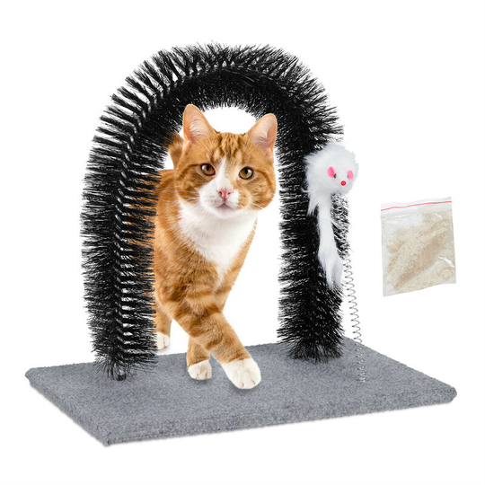 Relaxdays - Scratching Arch for Cats, Deshedding Massage & Fur Care Stand, with Catnip and Toy Mouse, Grey