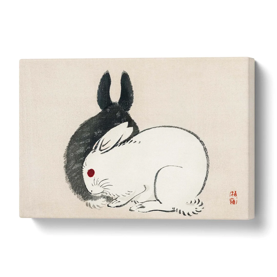 'Black and White Rabbits' by Kono Bairei - Wrapped Canvas Painting Print