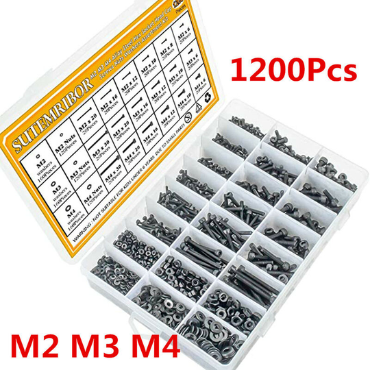 1200PCs M2 M3 M4 Steel Head Socket Hex Set Cap Screw Bolts Nuts Assorted Box Kit