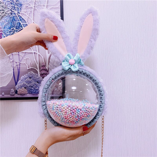 Hand knitted bag Transparent plush shoulder bag with hand knitted rabbit Pack of blue gray material