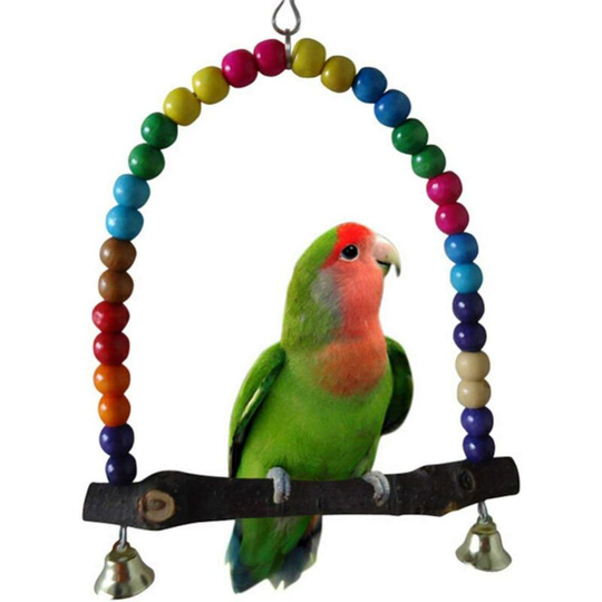 Wooden bird toy, parrot swing with bell, wooden beads, elegant swing, hanging swing, colorful parakeet