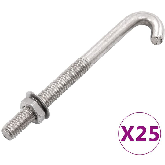 Devenirriche - Anchored J-Bolt w/Nut and Washer M8x120 mm 25 Sets - Silver